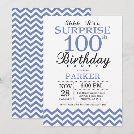 Überraschung 100. Geburtstag Blau Zickzack Einladung (Vorne/Hinten)