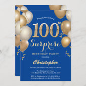 Überraschung 100. Geburtstag Blue and Gold Balloon Einladung (Vorne/Hinten)