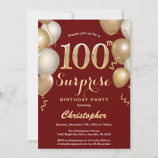 Überraschung 100. Geburtstag Dunkelrot und Gold Ba Einladung