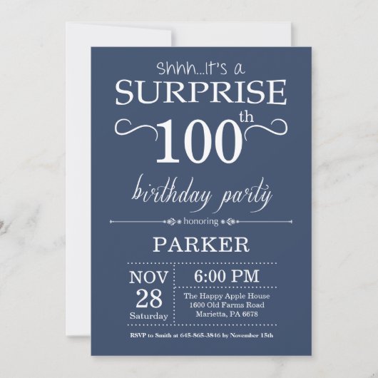 Überraschung 100. Geburtstag Einladung Blau (Vorderseite)