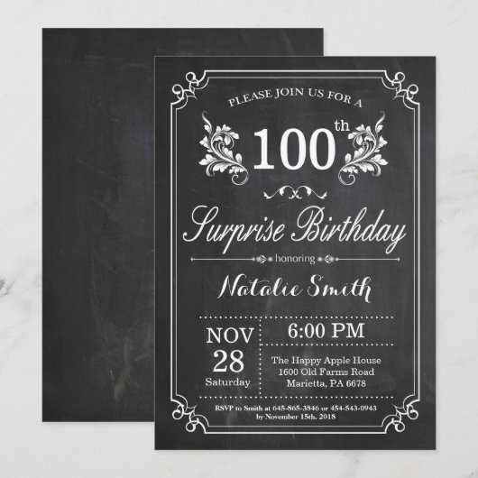 Überraschung 100. Geburtstag Einladung Chalkboard (Vorne/Hinten)