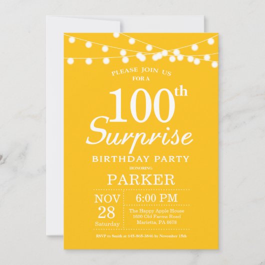 Überraschung 100. Geburtstag Einladung Gelb (Vorderseite)