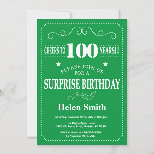 Überraschung 100. Geburtstag Einladung Grün und We (Vorderseite)