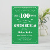 Überraschung 100. Geburtstag Einladung Grün und We (Stehend Vorderseite)