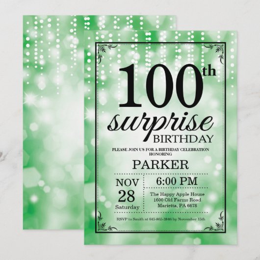 Überraschung 100. Geburtstag Einladung Grünen Glit (Vorne/Hinten)