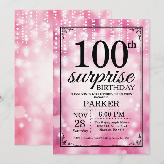Überraschung 100. Geburtstag Einladung Pink Glitze (Vorne/Hinten)
