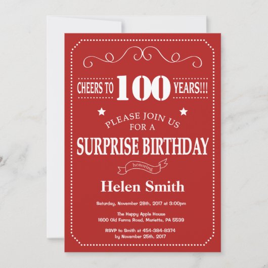 Überraschung 100. Geburtstag Einladung rot und wei (Vorderseite)