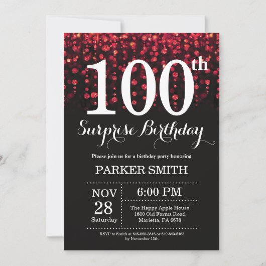 Überraschung 100. Geburtstag Einladung Roter Glitz (Vorderseite)