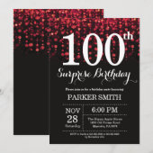 Überraschung 100. Geburtstag Einladung Roter Glitz (Vorne/Hinten)