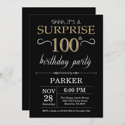 Überraschung 100. Geburtstag Einladung Schwarz und (Vorne/Hinten)