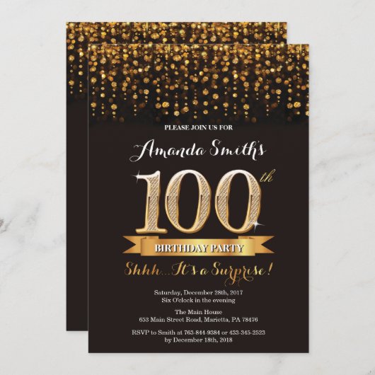 Überraschung 100. Geburtstag Einladung Schwarz und (Vorne/Hinten)