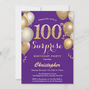 Überraschung 100. Geburtstag Lila und Gold Ballons Einladung
