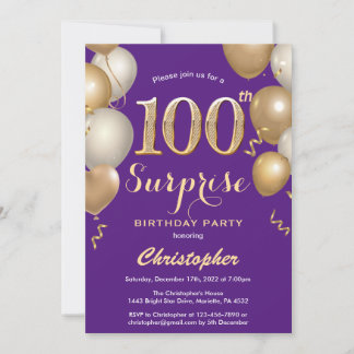 Überraschung 100. Geburtstag Lila und Gold Ballons Einladung