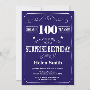Überraschung 100. Geburtstag Navy Blau und Weiß Einladung