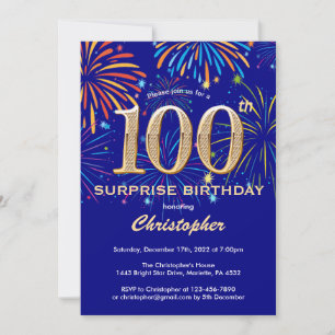 Überraschung 100. Geburtstag Navy Blue & Gold Fire Einladung