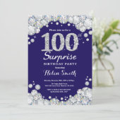 Überraschung 100. Geburtstag Navy Blue Silver Diam Einladung (Stehend Vorderseite)