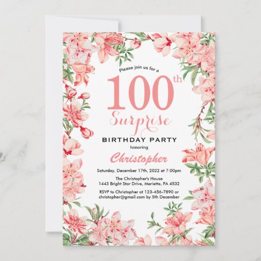 Überraschung 100. Geburtstag Pink Boho Botanische  Einladung (Vorderseite)