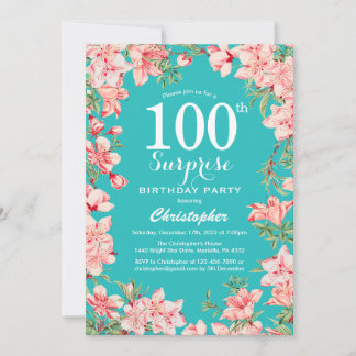 Überraschung 100. Geburtstag Rosa Blume Aquamarin Einladung
