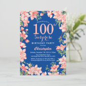 Überraschung 100. Geburtstag Rosa Blume Blauer Him Einladung (Stehend Vorderseite)