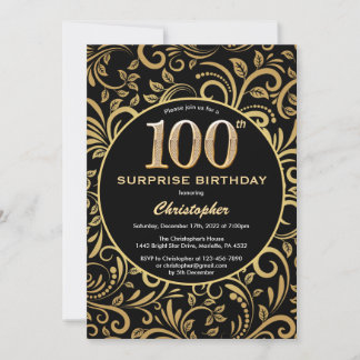 Überraschung 100. Geburtstag Schwarz und Gold Flor Einladung