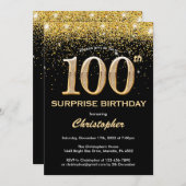 Überraschung 100. Geburtstag Schwarz und Gold Glit Einladung (Vorne/Hinten)