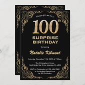 Überraschung 100. Geburtstag Schwarz und Gold Glit Einladung (Vorne/Hinten)