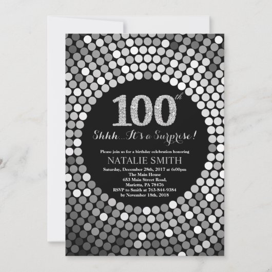 Überraschung 100. Geburtstag Schwarzer und Silbern Einladung (Vorderseite)