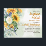 Überraschung 100. Geburtstag Sonnenblumen Eukalypt Postkarte<br><div class="desc">Elegante,  ländlich gelbe Sonnenblumen und grüne Blätter Überraschung 100. Geburtstagsfeier für Frauen. Sie können den Text auf dieser Karte für eine Geburtstagsparty für jedes Alter,  das Sie feiern,  anpassen.</div>