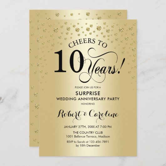 Überraschung 10-jähriges Jubiläum - Gold Black Einladung (Vorne/Hinten)