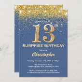 Überraschung 13. Geburtstag Blau und Gold Glitzer Einladung (Vorne/Hinten)