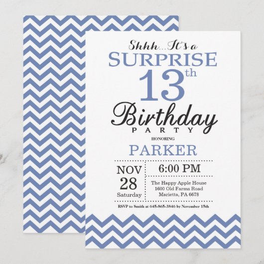 Überraschung 13. Geburtstag Blau Zickzack Einladung (Vorne/Hinten)