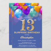 Überraschung 13. Geburtstag Blauen und Gold Ballon Einladung (Vorne/Hinten)