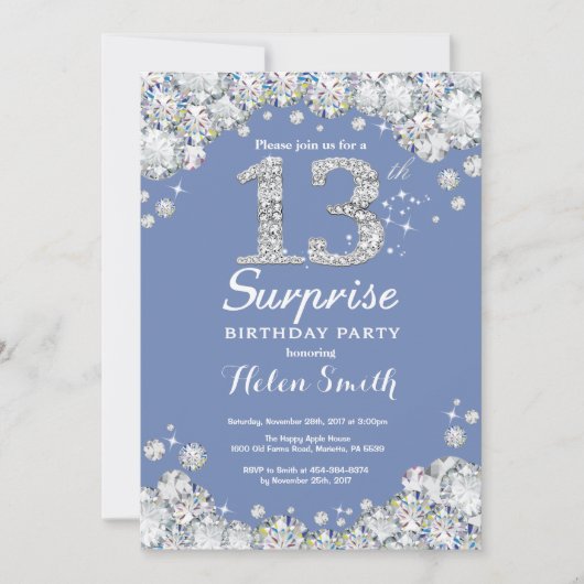 Überraschung 13. Geburtstag Blue Silver Diamond Einladung (Vorderseite)