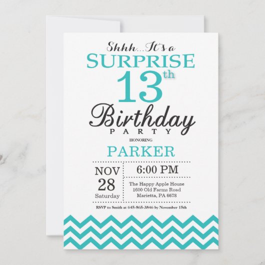 Überraschung 13. Geburtstag Einladung Aquamarin Zi (Vorderseite)