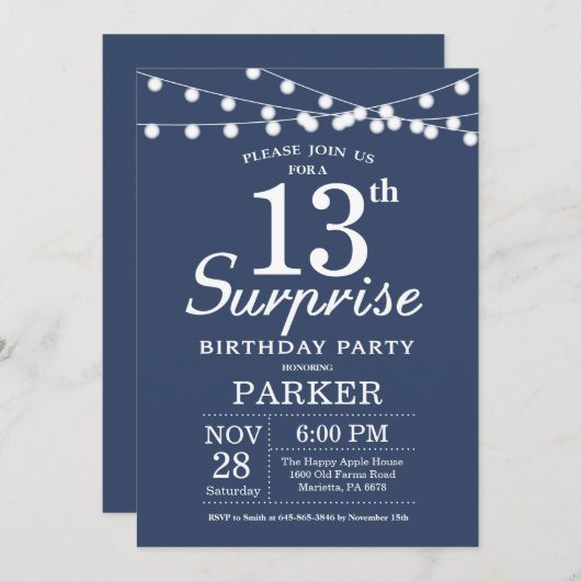 Überraschung 13. Geburtstag Einladung Blau (Vorne/Hinten)