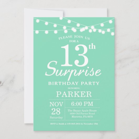 Überraschung 13. Geburtstag Einladung Mint Green (Vorderseite)
