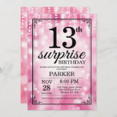 Überraschung 13. Geburtstag Einladung Pink Glitzer (Vorne/Hinten)