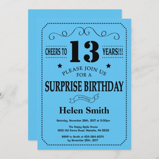 Überraschung 13. Geburtstag Einladung Schwarz und (Vorne/Hinten)