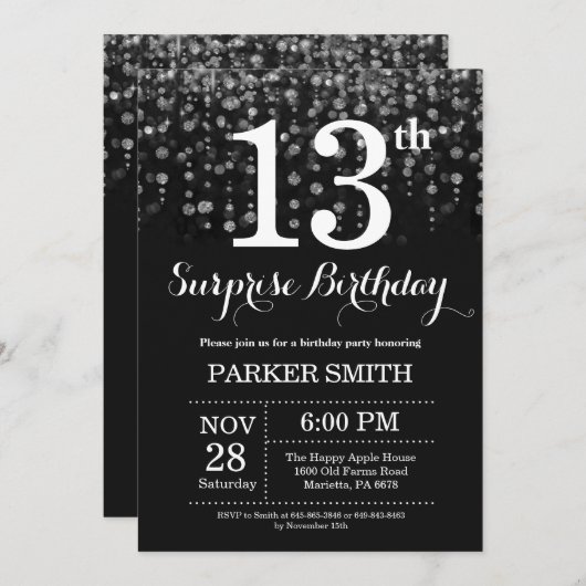 Überraschung 13. Geburtstag Einladung Silberner Gl (Vorne/Hinten)