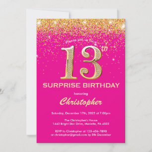 Überraschung 13. Geburtstag Hot Pink und Gold Glit Einladung