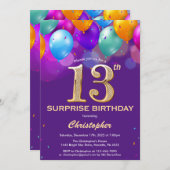 Überraschung 13. Geburtstag Lila und Gold Ballons Einladung (Vorne/Hinten)
