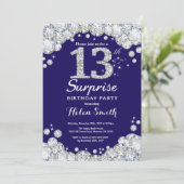 Überraschung 13. Geburtstag Navy Blue Silver Diamo Einladung (Stehend Vorderseite)