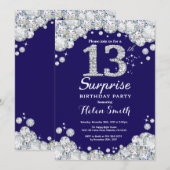 Überraschung 13. Geburtstag Navy Blue Silver Diamo Einladung (Vorne/Hinten)