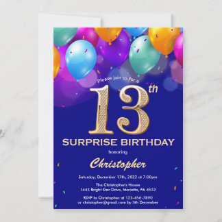 Überraschung 13. Geburtstag Navy Blue und Gold Bal Einladung
