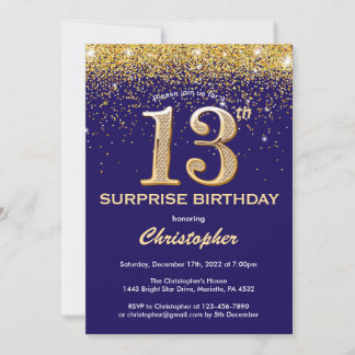 Überraschung 13. Geburtstag Navy Blue und Gold Gli Einladung