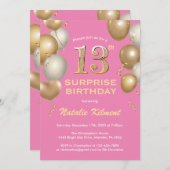 Überraschung 13. Geburtstag Rosa und Gold Ballons Einladung (Vorne/Hinten)