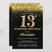 Überraschung 13. Geburtstag Schwarz und Gold Glitz Einladung (Vorne/Hinten)