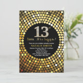 Überraschung 13. Geburtstag Schwarz und Gold Glitz Einladung (Stehend Vorderseite)