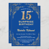 Überraschung 15. Geburtstag Blau und Gold Glitzer Einladung (Vorne/Hinten)