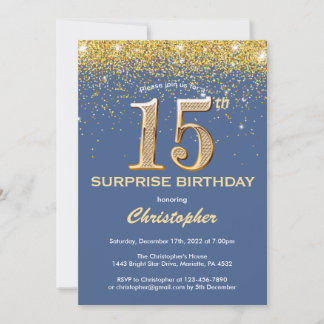 Überraschung 15. Geburtstag Blau und Gold Glitzer Einladung